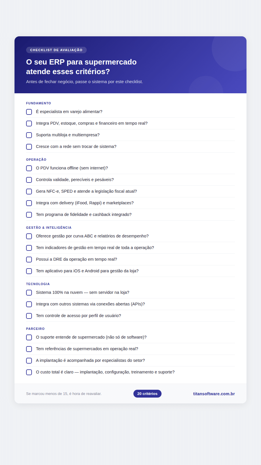 checklist de avaliação de erp para supermercado com 20 critérios essenciais divididos em 6 categorias